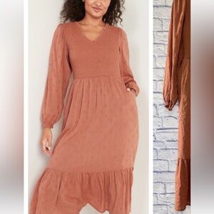 Swiss dot rust color long sheer puff sleeve smocked midi dress lined fit flare